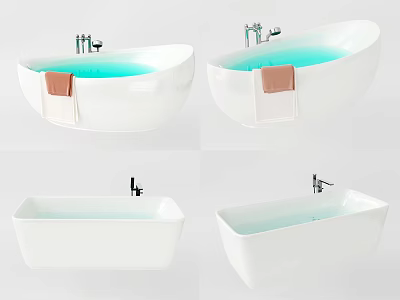 White Bathtub Designs With Oval And Rectangular Shapes Faucet And Towel 3d model