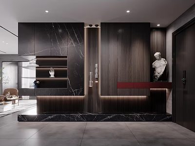 Modern Foyer Hallway With Dark Marble Wooden Panels Sculpture And Lighting 3d model