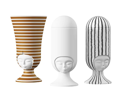 Modern Abstract Ceramic Vessels With Striped Patterns And Human Face Designs 3d model