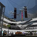 Modern Shopping Mall Interior With Glass Structure Escalators Hanging Banners Palm Trees And Busy Shoppers