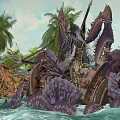 Game Movie Character Octopus Like Sea Monster On Shell Throne With Palm Trees And Ships