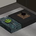 Modern Coffee Table With Blue Textured Top Green Apples Wooden Tray Glass Cups And Bottle