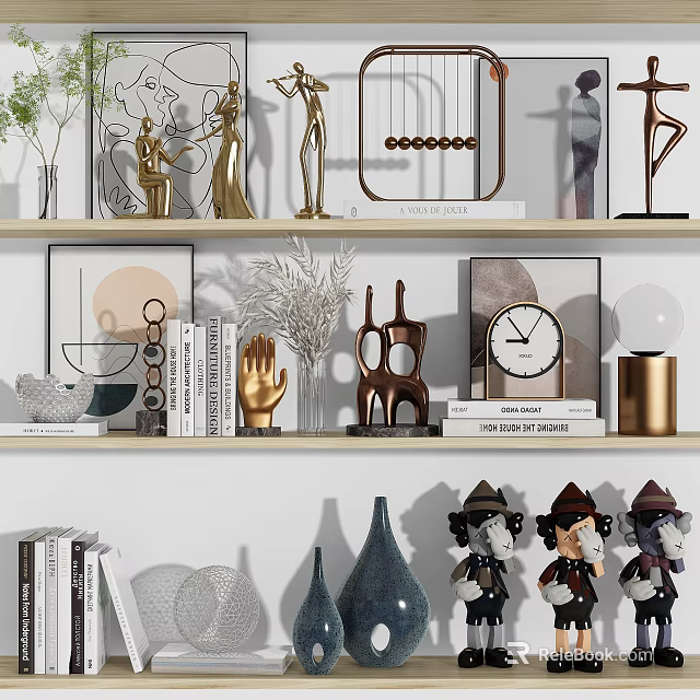 Modern Decorative Ornament Combination With Abstract Sculptures Clock Vases And Books On Shelves 3d model 