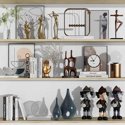 Modern Decorative Ornament Combination With Abstract Sculptures Clock Vases And Books On Shelves 3d model