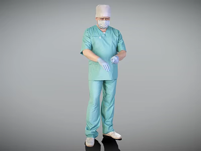 A Man In Green Surgical Scrubs Wearing Surgical Cap Face Mask And White Gloves Standing 3d model