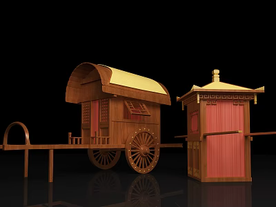 Two Traditional Wooden Carriages With Yellow Roof Red Curtains Wooden Wheels And Pavilion Design 3d model