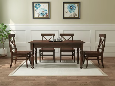 Wooden Dining Table Set With Four Chairs And Blue Flower Paintings In White Wainscoting Room 3d model