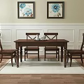 Wooden Dining Table Set With Four Chairs And Blue Flower Paintings In White Wainscoting Room