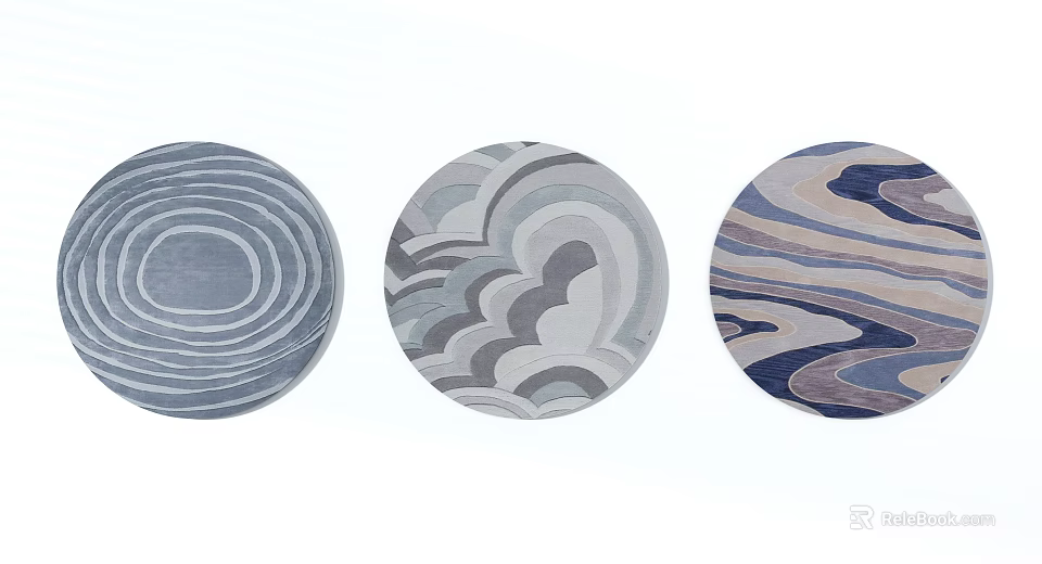 Three Round Rugs Featuring Abstract Wave and Circle Patterns in Blue Grey Tones 3d model