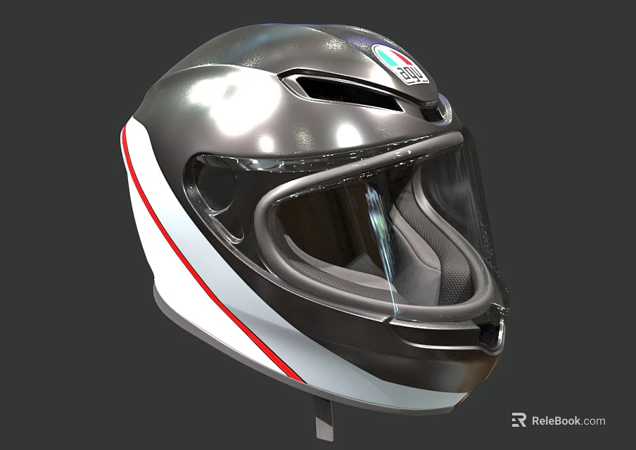 Motorcycle Helmet Featuring Modern Design Silver White Finish and Red Stripe Transparent Visor 3d model 
