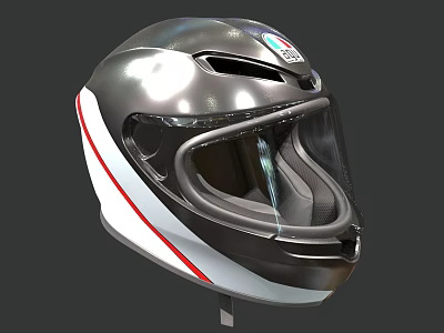 Motorcycle Helmet Featuring Modern Design Silver White Finish and Red Stripe Transparent Visor 3d model