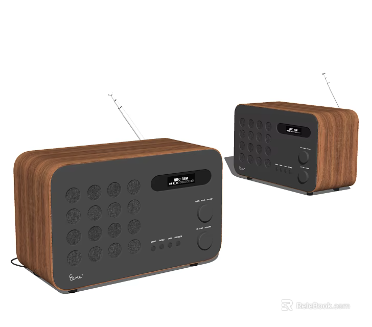 Modern Wooden Audio Speakers Featuring Control Knobs Buttons And Telescopic Antennas 3d model 