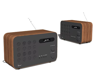 Modern Wooden Audio Speakers Featuring Control Knobs Buttons And Telescopic Antennas 3d model
