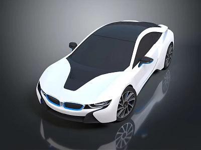 White sports car with sleek aerodynamic body black roof blue front accents on reflective surface 3d model