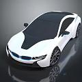White sports car with sleek aerodynamic body black roof blue front accents on reflective surface
