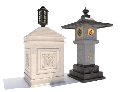 Japanese Style Outdoor Stone Lanterns With Carved Patterns And Cutout Designs 3d model