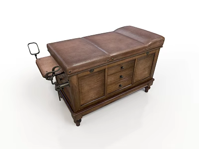 Vintage Medical Examination Table With Wooden Frame Brown Leather Mattress And Metal Footrest 3d model