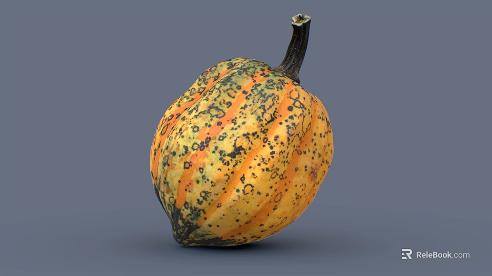 Fresh Organic Pumpkin With Yellow And Orange Skin And Black Spots And Stem 3d model 
