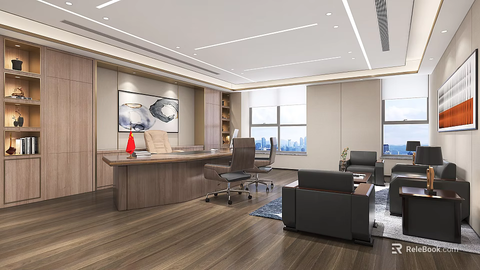 Modern Office Interior Design With Wooden Desk Office Chair Sofa And City View Windows 3d model 