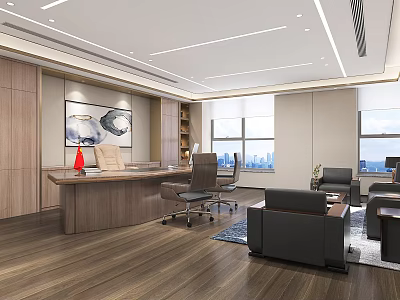 Modern Office Interior Design With Wooden Desk Office Chair Sofa And City View Windows 3d model
