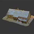 Cartoon Scenery Of Snow Covered Cottage With Lit Windows Snowy Roof And Snowy Ground