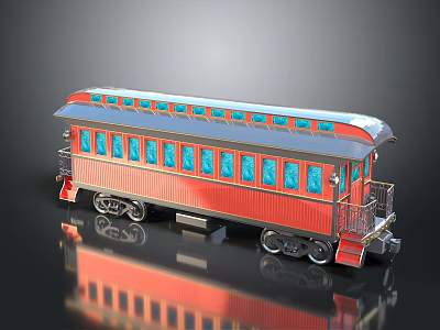 Red Train Carriage With Blue Windows And Silver Roof On Reflective Surface 3d model
