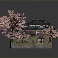 Traditional Japanese Architecture Featuring Black Roof And Surrounding Pink Cherry Blossom Trees