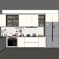 Modern Kitchen Interior With White Cabinets Countertop Refrigerator Storage Shelves And Appliances