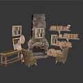 Rustic Interior With Stone Fireplace Two Armchairs Bookshelf Wooden Table And Framed