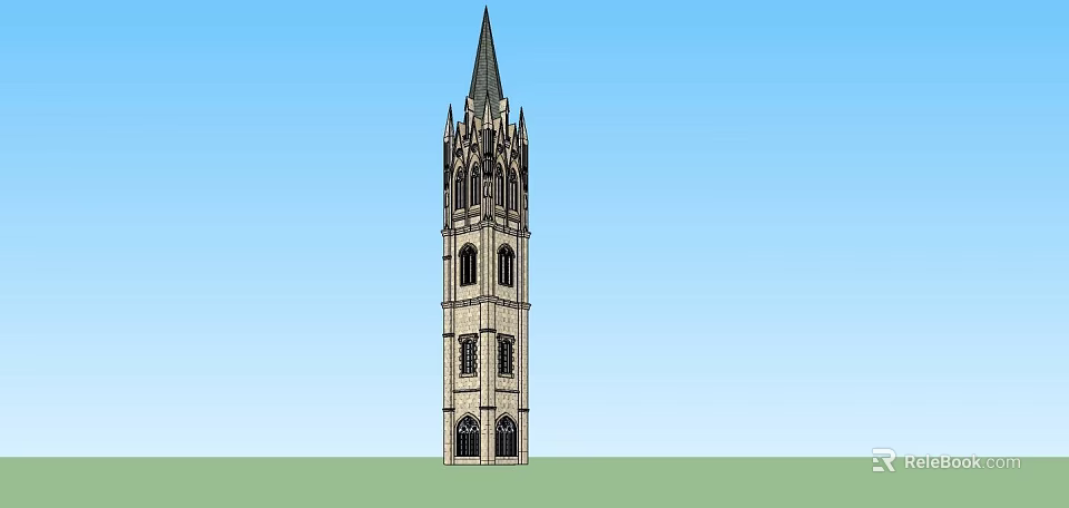 Gothic Style Stone Tower With Pointed Spire Windows And Architectural Details Against Blue Sky 3d model 