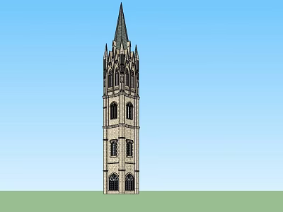 Gothic Style Stone Tower With Pointed Spire Windows And Architectural Details Against Blue Sky 3d model