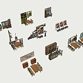 Wooden Office Work Desks with Bookshelves Chairs and Poster Decorations