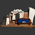 Vibrant Cartoon Scene With White Building Staircase Blue Tables Chairs And Decorative Art