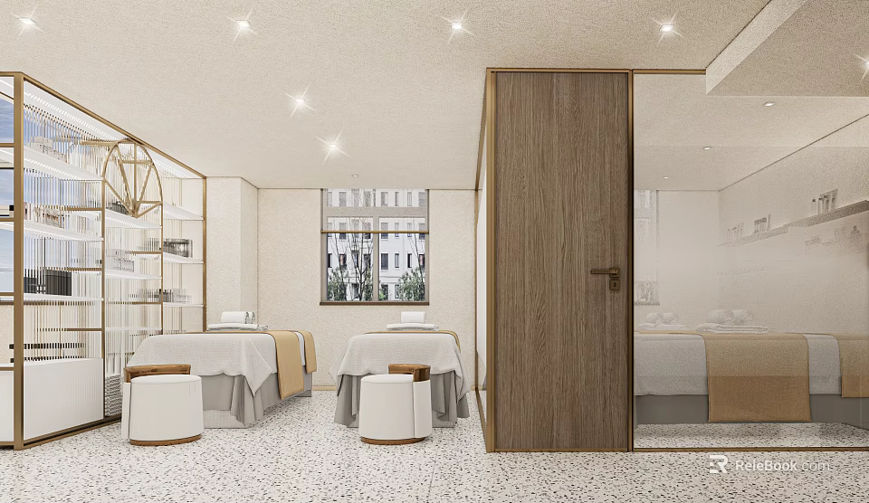 Elegant SPA Room With Massage Tables Stools Wooden Door Mirror White Walls And Ceiling Lights 3d model 