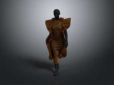Black Mannequin Wearing Brown Pleated Dress With Exaggerated Shoulder Decorations And Fashionable Style 3d model