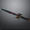 Decorative Blue Blade Sword With Red Markings Ornate Hilt Black Handle And Flame Pommel
