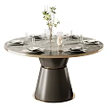 Round Stylish Dining Tables With Tableware Green Plants And Various Base Designs 3d model