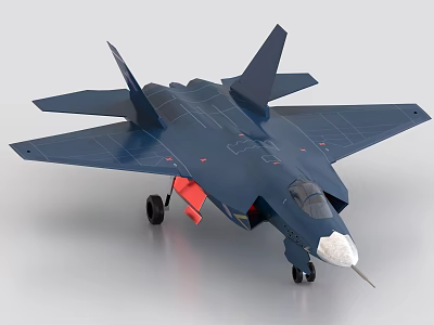 Modern Dark Blue Stealth Fighter Jet Model With Sleek Body Angled Tail And Red Attachments 3d model