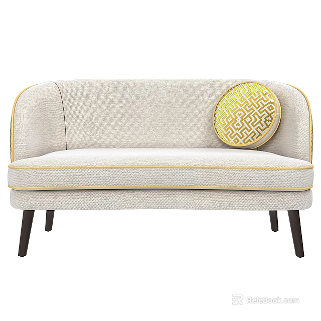 Light Gray Two Seater Sofa with Yellow Trim and Geometric Pattern Cushion 3d model