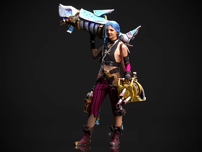 Woman with blue hair wearing striped pants carries mechanical shoulder device and golden hand device 3d model