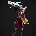 Woman with blue hair wearing striped pants carries mechanical shoulder device and golden hand device