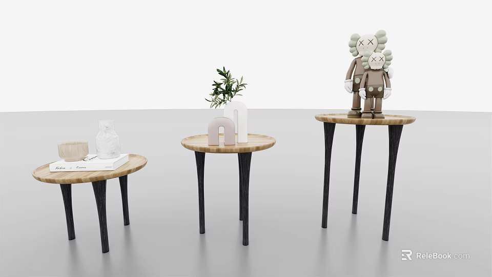 Round Accent Tables with Black Legs Wooden Tops Decorative Items Green Plant and Dolls 3d model 