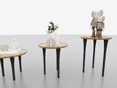 Round Accent Tables with Black Legs Wooden Tops Decorative Items Green Plant and Dolls 3d model