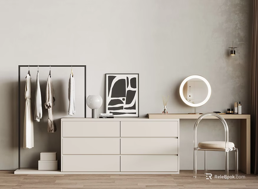 White Vanity With Clothing Rack Round Mirror Artwork And Chair On Wooden Floor 3d model 