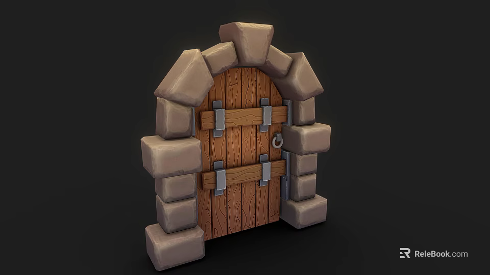 Medieval Style Wooden Door With Stone Arch Frame And Metal Hinges 3d model 