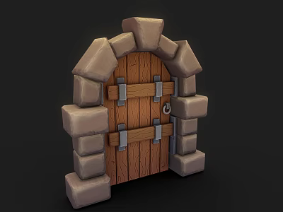 Medieval Style Wooden Door With Stone Arch Frame And Metal Hinges 3d model