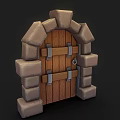 Medieval Style Wooden Door With Stone Arch Frame And Metal Hinges