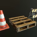 Orange Traffic Cone Wooden Pallet And Road Barrier On Black Surface
