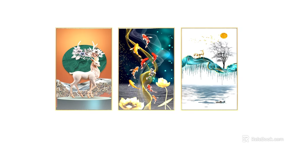 Decorative Wall Paintings With White Deer Koi Fish Moon Tree And Birds 3d model 
