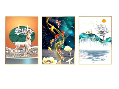 Decorative Wall Paintings With White Deer Koi Fish Moon Tree And Birds 3d model
